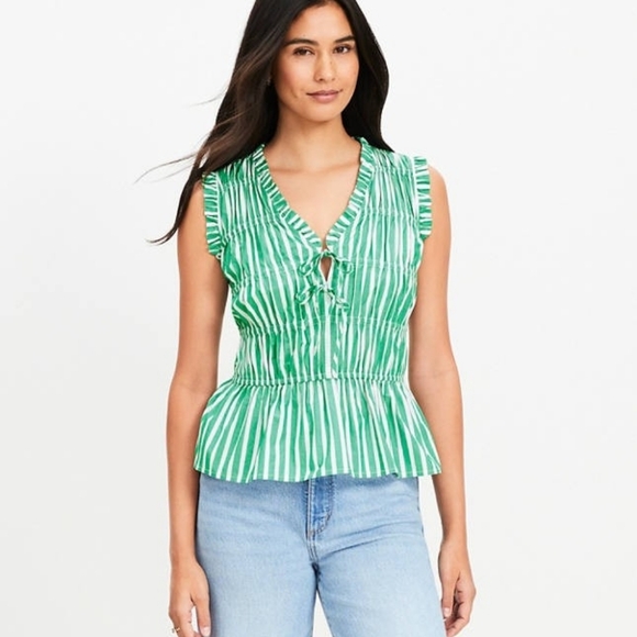 Loft Green And White Striped Cotton Peplum Top With Bow Ties And Ruffles - Picture 2 of 8